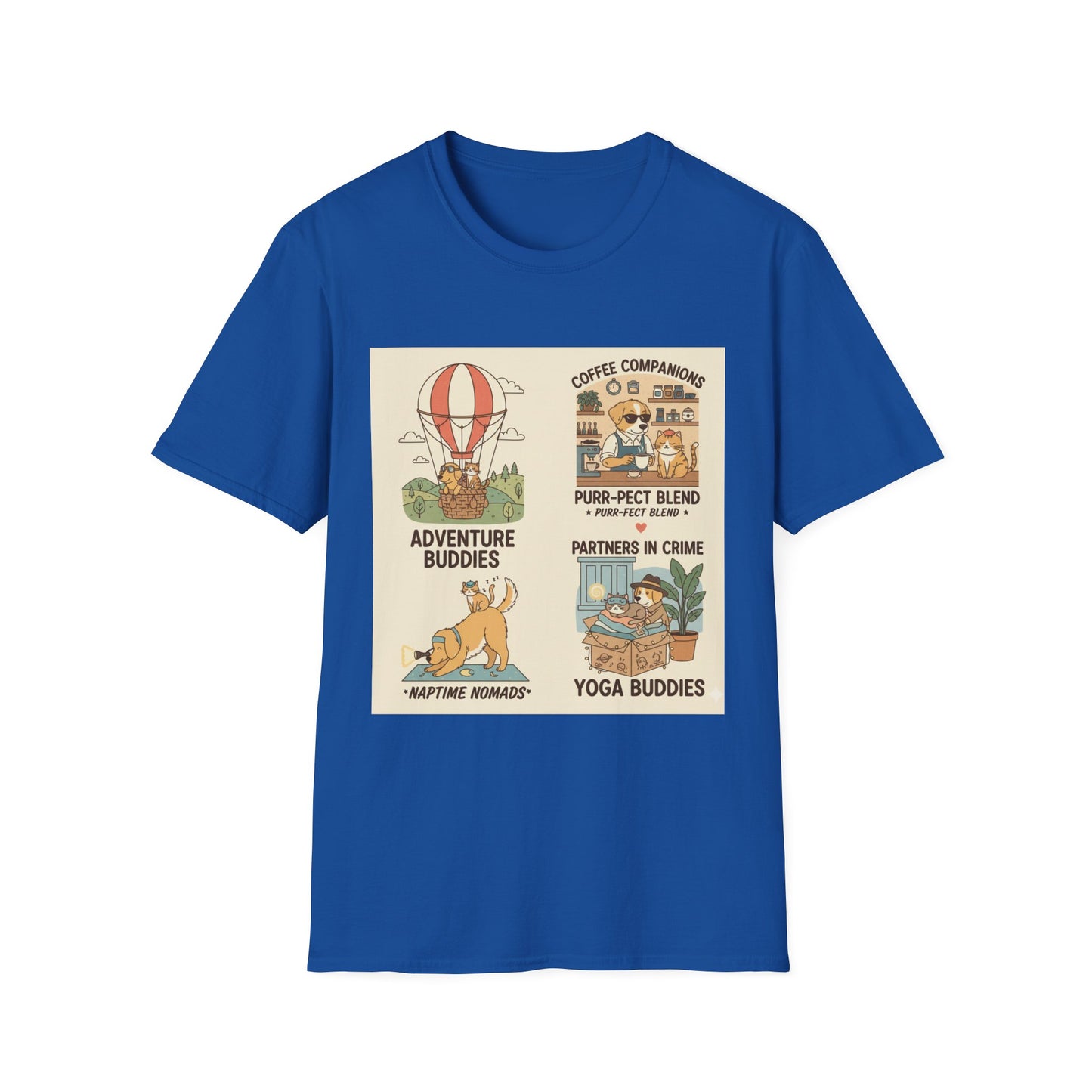 Cat Companions Graphic T-Shirt — Adventure, Coffee & Yoga Cat Squad