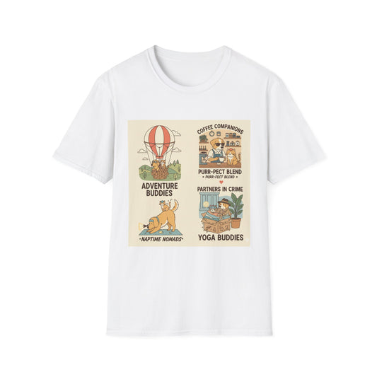 Cat Companions Graphic T-Shirt — Adventure, Coffee & Yoga Cat Squad