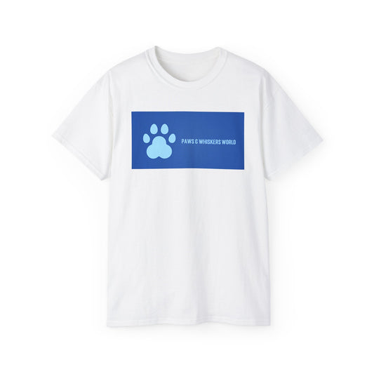 Dog Paw Graphic Tee — 'Paws & Whiskers World' Blue Logo T-Shirt