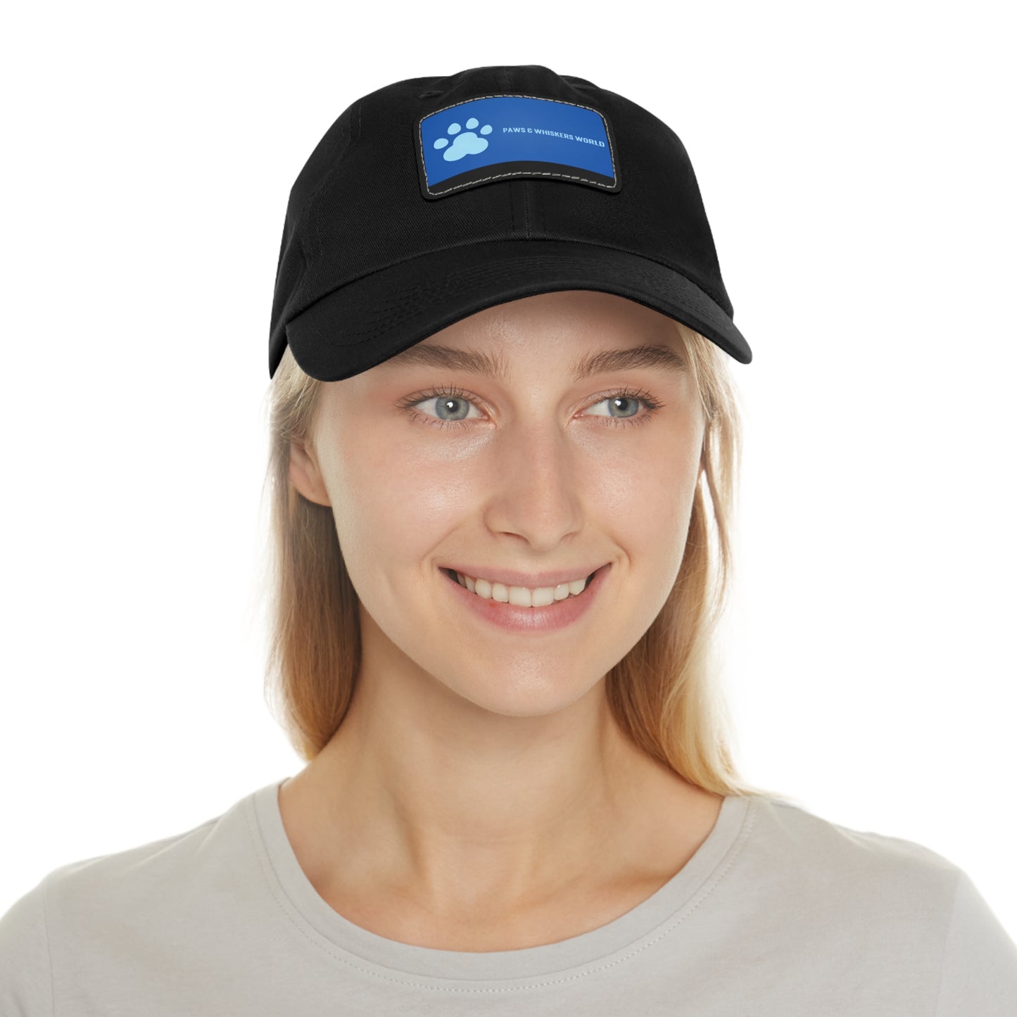 Pet Lover Leather Patch Dad Hat — Blue Paw Print "Paws & Whiskers World"