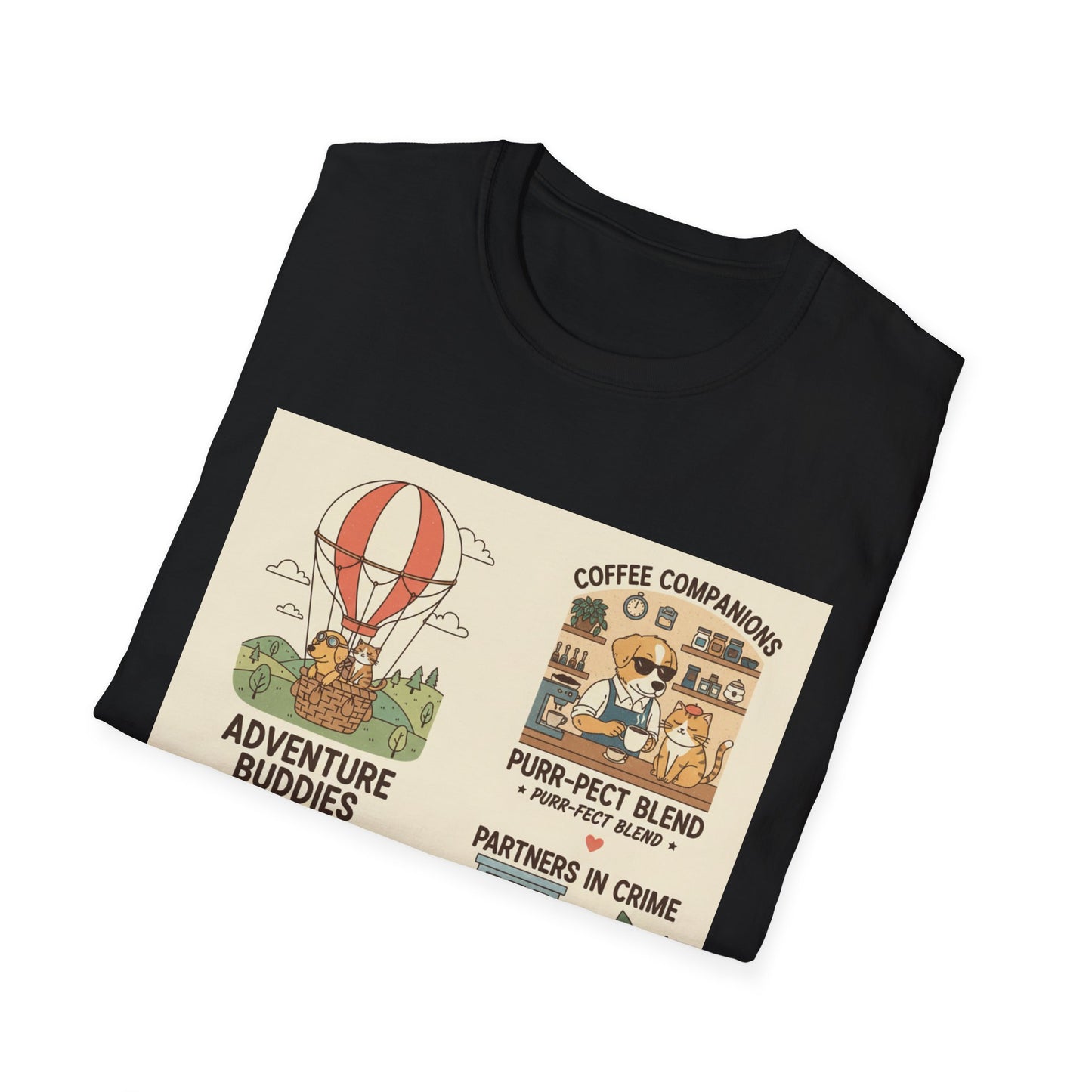 Cat Companions Graphic T-Shirt — Adventure, Coffee & Yoga Cat Squad