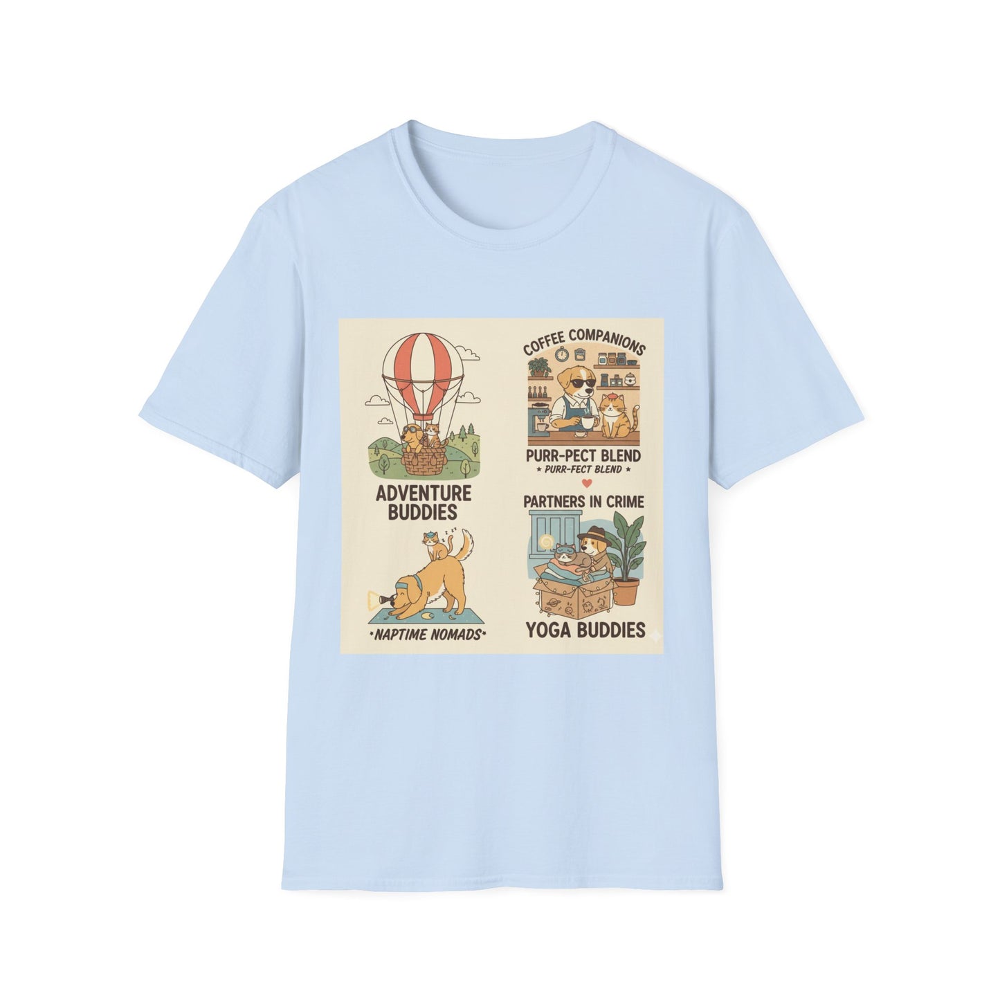 Cat Companions Graphic T-Shirt — Adventure, Coffee & Yoga Cat Squad