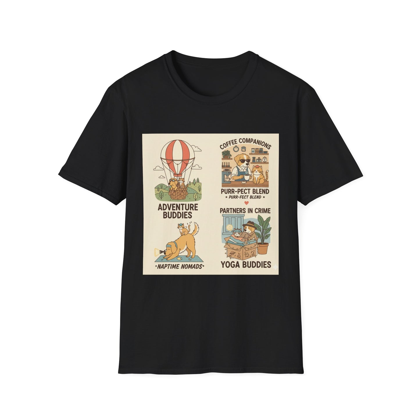Cat Companions Graphic T-Shirt — Adventure, Coffee & Yoga Cat Squad