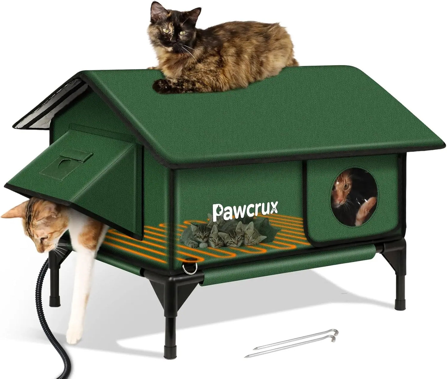 Waterproof Heated Cat House Outdoor with Escape Door, Insulated Warm Shelter for Winter (Green, 24x16x20.2 in)