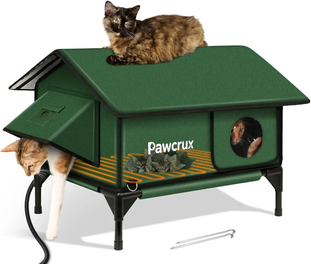 Waterproof Heated Cat House Outdoor with Escape Door, Insulated Warm Shelter for Winter (Green, 24x16x20.2 in)