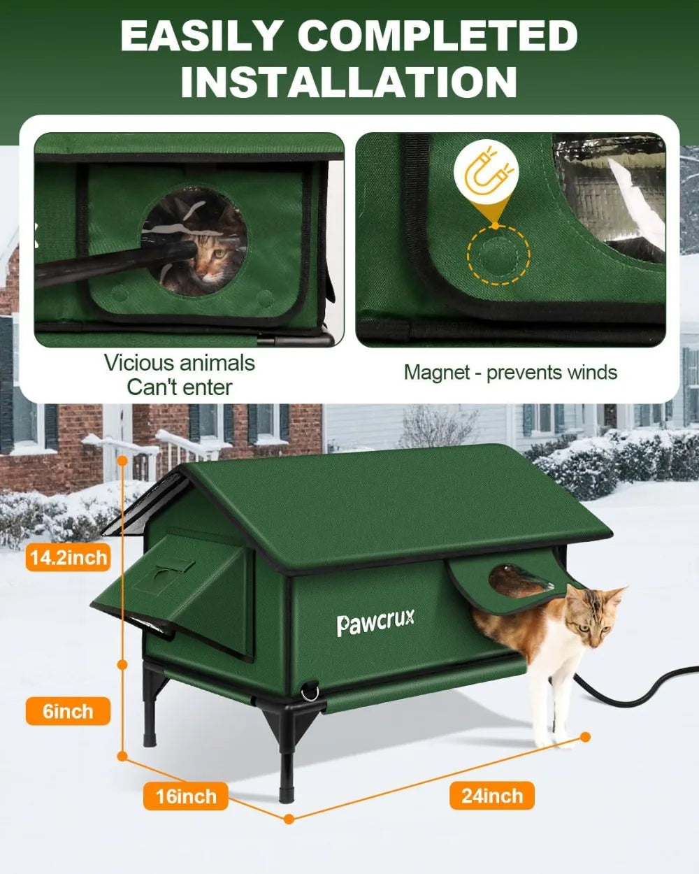 Waterproof Heated Cat House Outdoor with Escape Door, Insulated Warm Shelter for Winter (Green, 24x16x20.2 in)