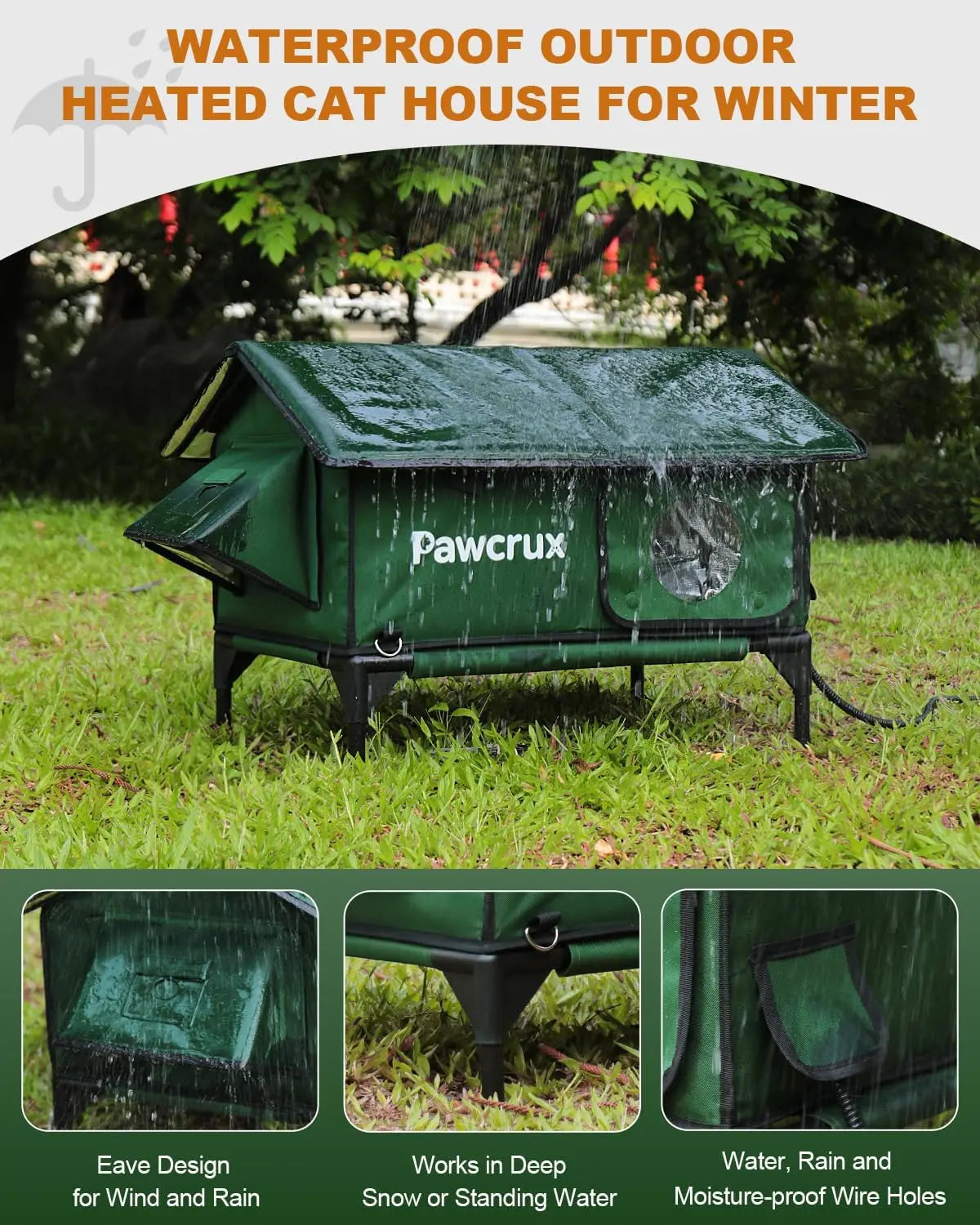 Waterproof Heated Cat House Outdoor with Escape Door, Insulated Warm Shelter for Winter (Green, 24x16x20.2 in)