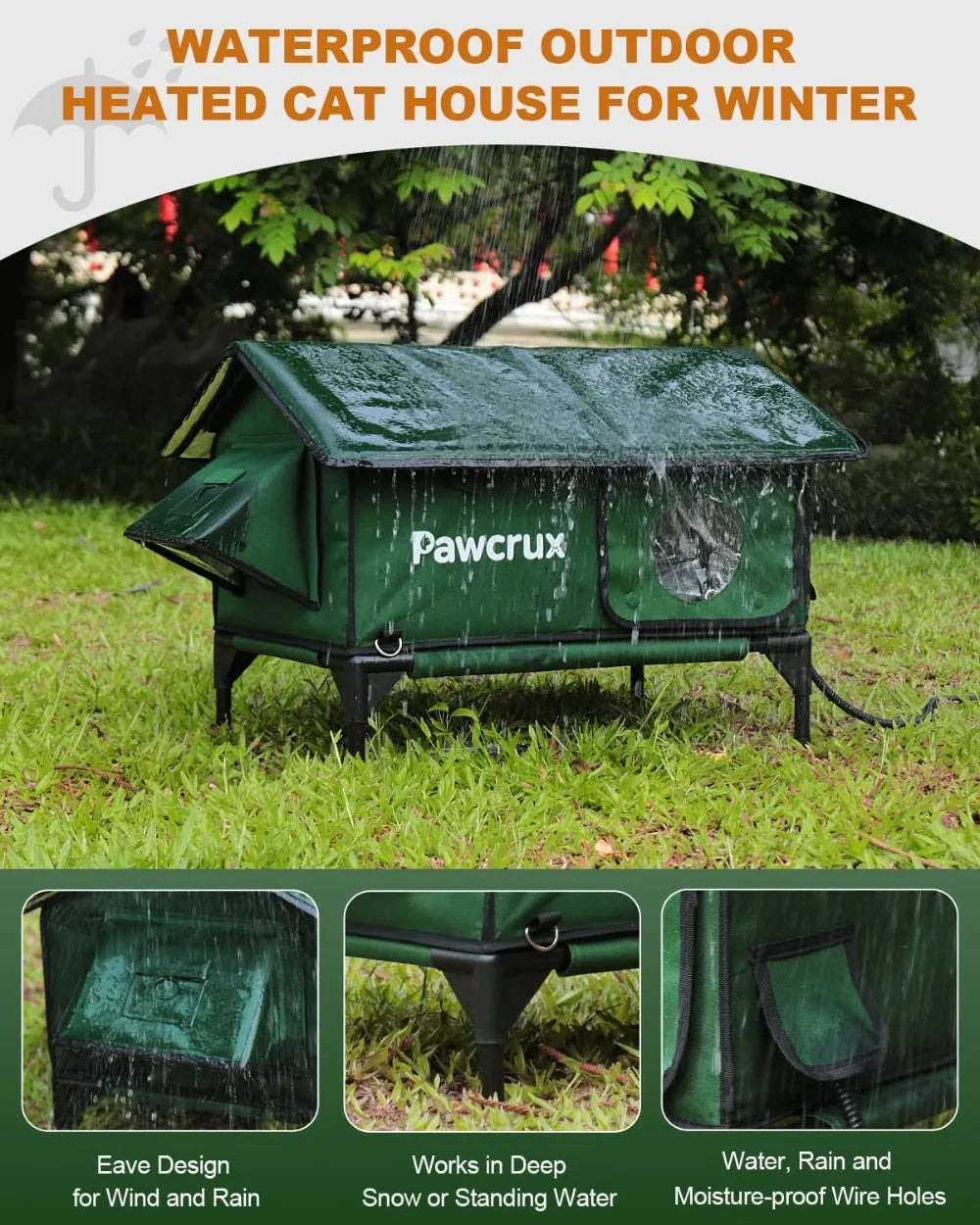 Waterproof Heated Cat House Outdoor with Escape Door, Insulated Warm Shelter for Winter (Green, 24x16x20.2 in)