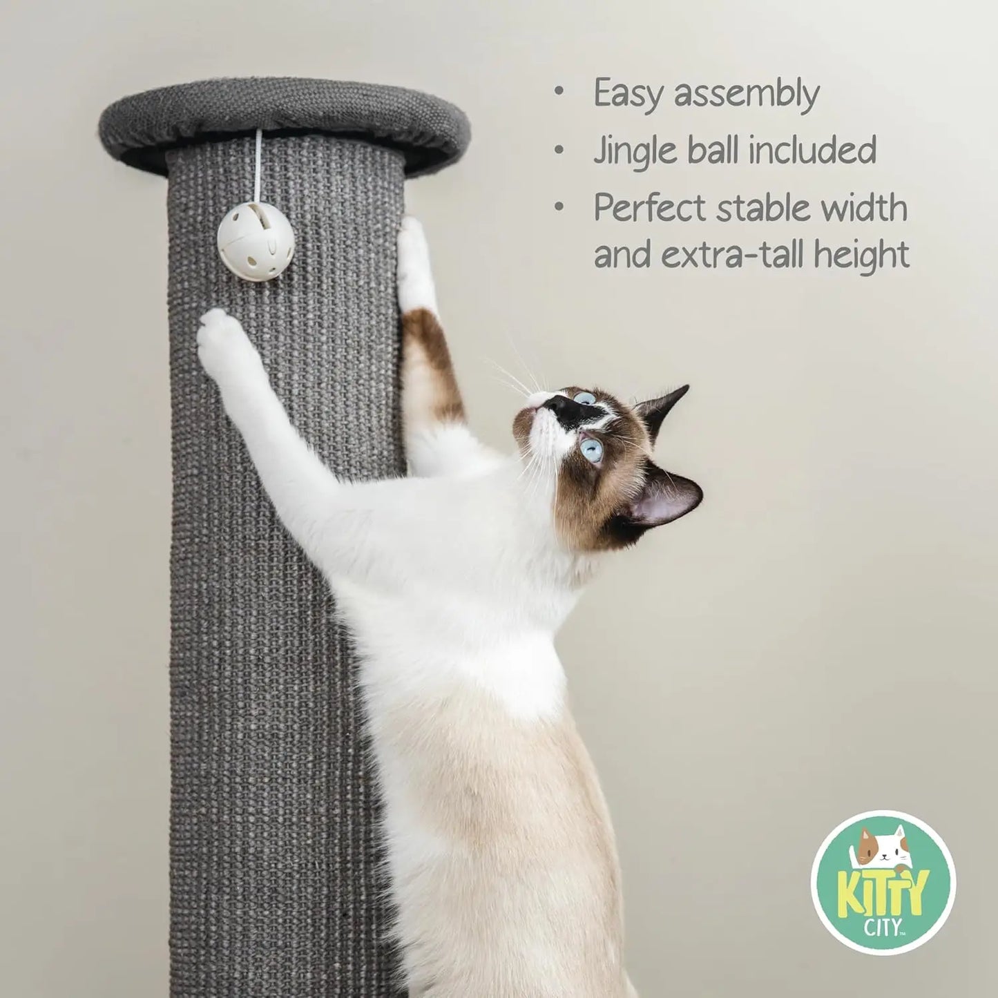 32-Inch Tall Sisal Cat Scratching Post with Sturdy Base & Jingle Toy, Easy Assembly for Indoor Cats - Gray