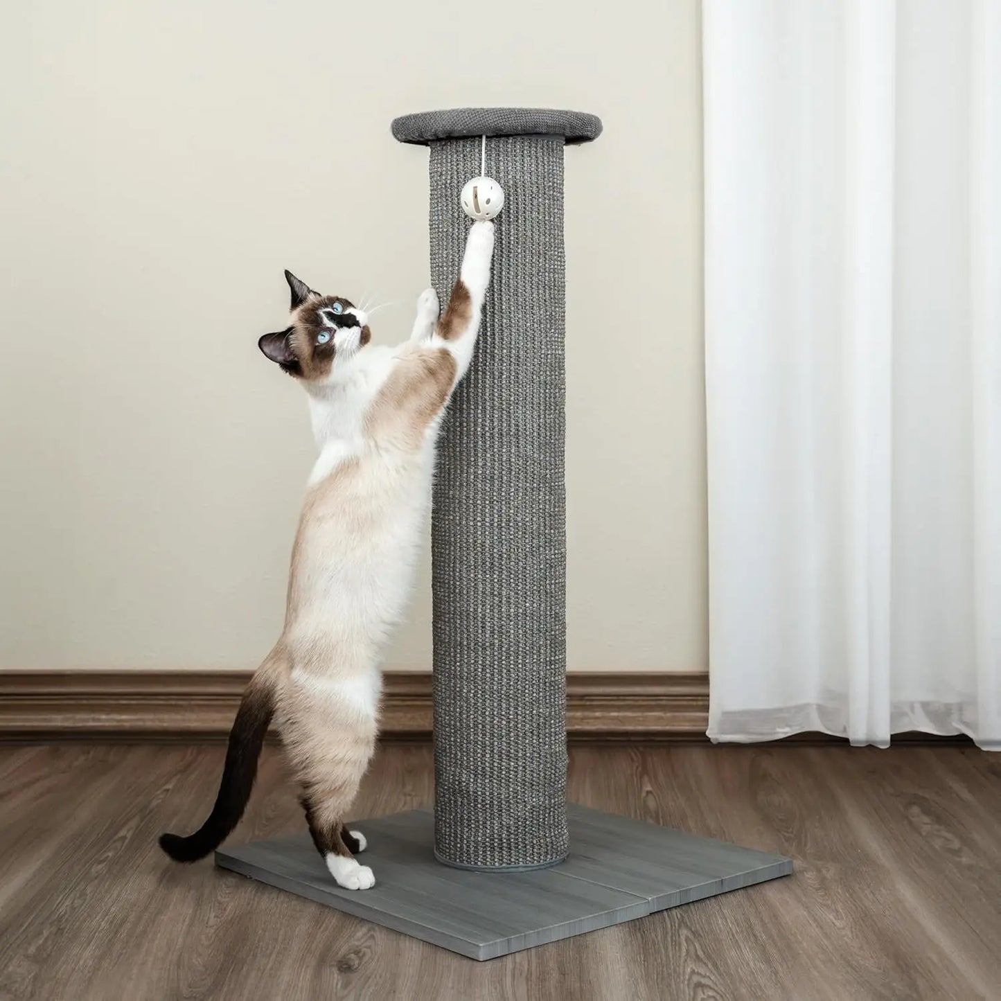 32-Inch Tall Sisal Cat Scratching Post with Sturdy Base & Jingle Toy, Easy Assembly for Indoor Cats - Gray